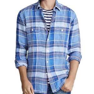 💙Polo Ralph Lauren Blue Plaid 100% Linen Shirt Size M